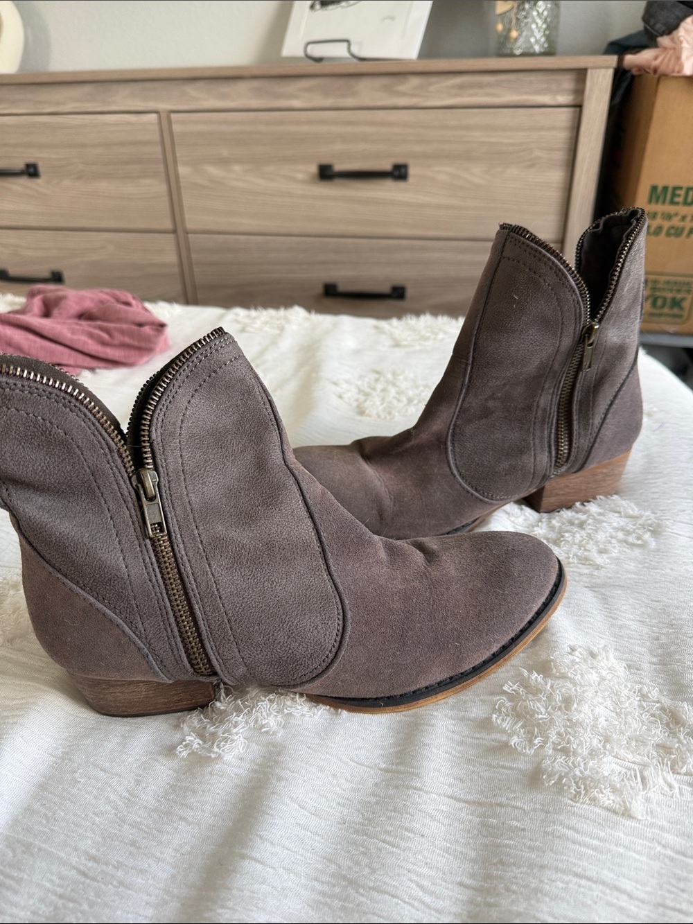 Steve Madden Taupe Suede Ankle Booties with Side Zipper